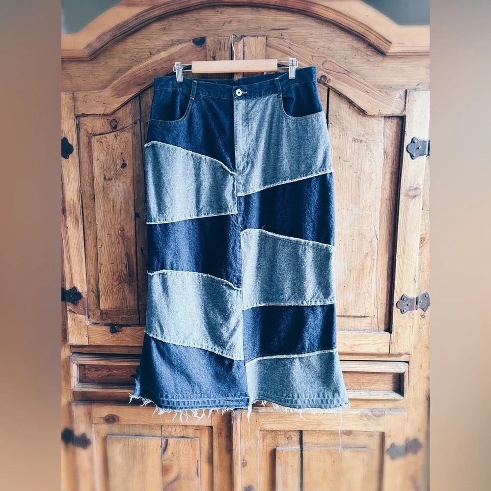 One-of-a-Kind Artisan Patchwork Denim Maxi Skirt
